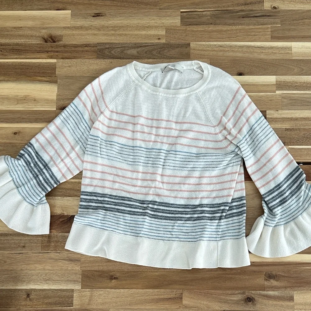 LOFT Ruffle Sleeve Striped Blouse - Cream, Pink, Gray, Blue
